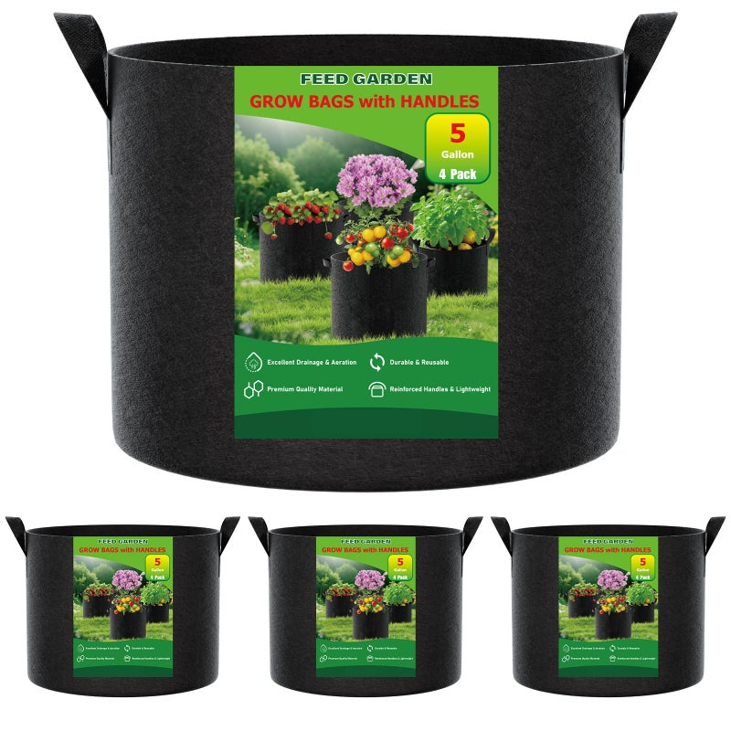 FEED GARDEN 5 Gallon Grow Bags 4 Pack â€“ 300G Thickened Fabric Plant Pots with Reinforced Handles, Breathable Drainage Planters for Vegetables, Flowers & Herbs Indoor Outdoor - Image 1