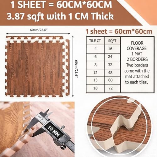 Nasmodo 10MM/ 1CM Interlocking Wood Floor Eva Foam Mats Puzzle Mats for Floor Wood Grain Tiles for Home Office Playroom Bedroom Interlocking Puzzle Floor mats for Home Soft (Brown, 60 * 60 cm, 1pc) - Image 3
