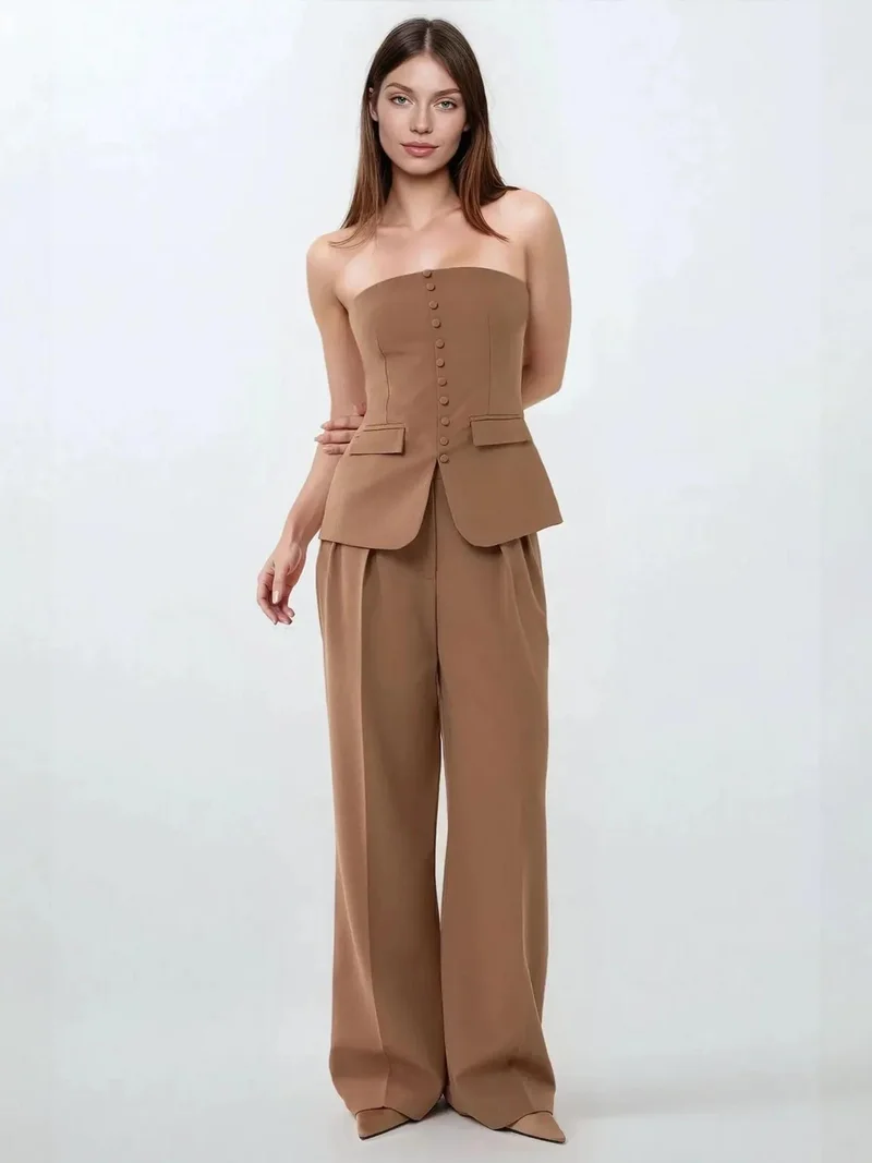 HICCUP Strapless Slim Fit Top with Button Detail