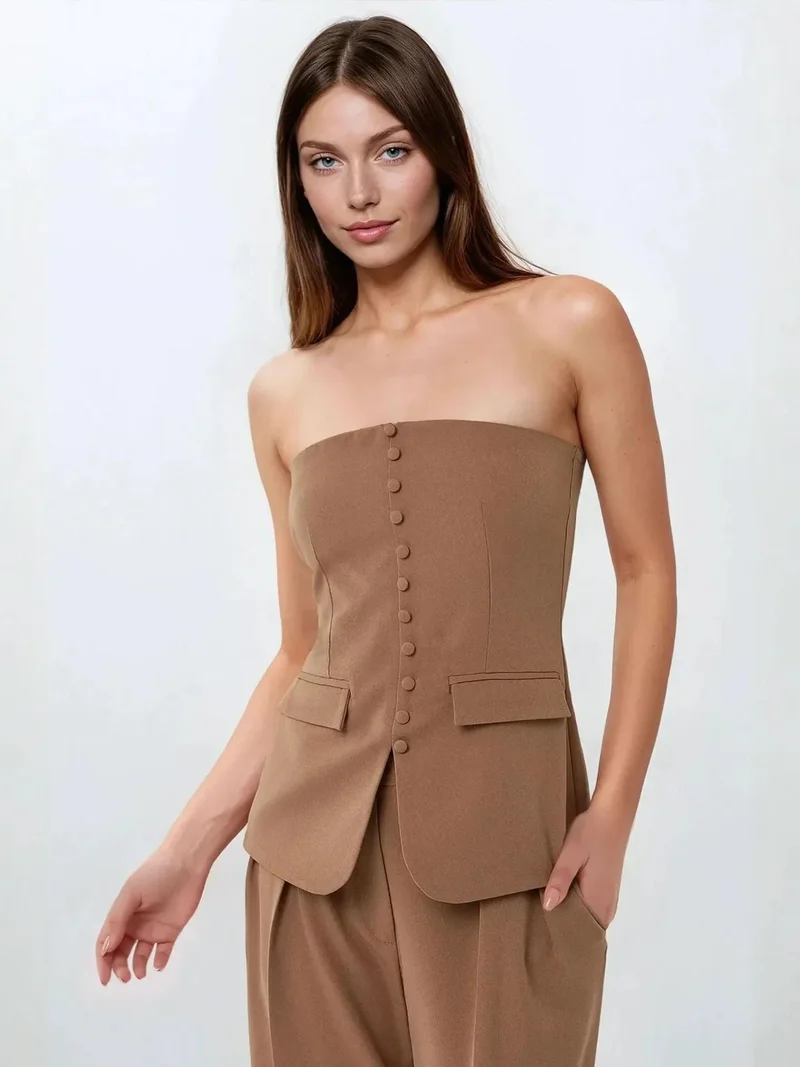 HICCUP Strapless Slim Fit Top with Button Detail