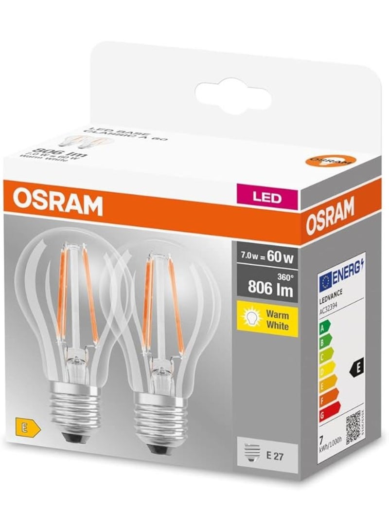OSRAM Osram LED BASE Classic A LED Bulb, 6W (60W Replacement), E27 Base, 2700K Warm White, Clear Glass – Pack of 2 - Image 2