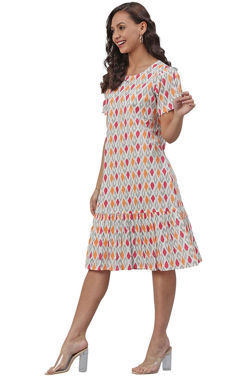 Janasya Women's Off White Cotton Printed A-line Western Dress(JNE3905-DR-XXXL) - Image 3