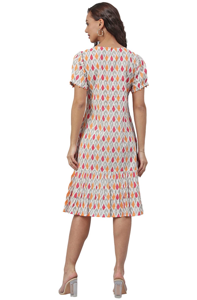 Janasya Women's Off White Cotton Printed A-line Western Dress(JNE3905-DR-XXXL) - Image 5