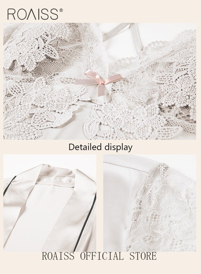 رويس مجموعة بيجامات نسائية مكونة من قطعتين بتصميم عنق V تتضمن المجموعة قميصًا داخليًا وروبًا خارجيًا بنفس اللون وعنصر الدانتيل في فستان النوم - Image 4