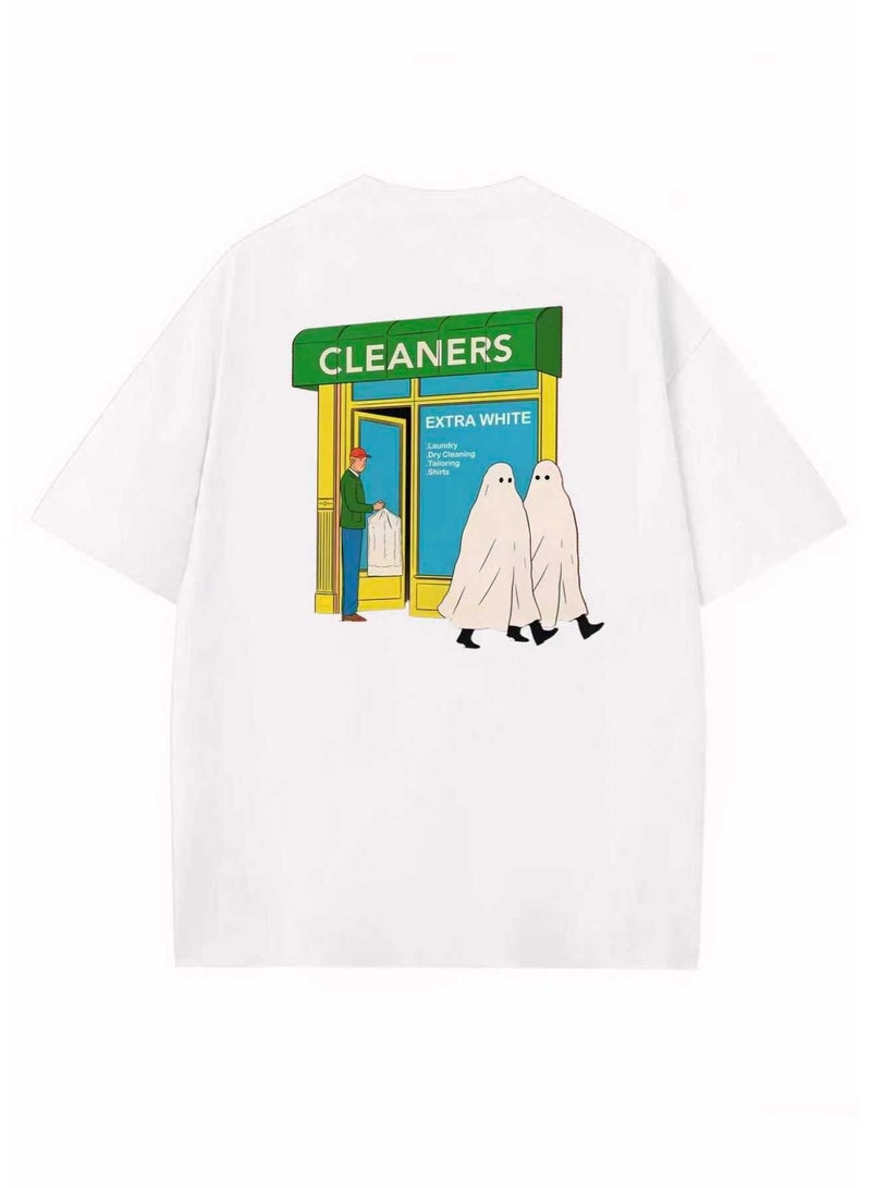 Unisex Casual Crew Neck Short Sleeve T-Shirt with Funny Ghost Graphic Print - White - Image 1