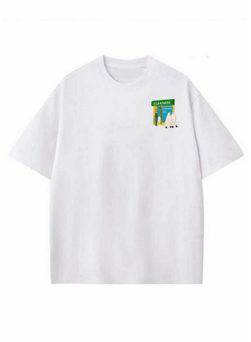 Unisex Casual Crew Neck Short Sleeve T-Shirt with Funny Ghost Graphic Print - White - Image 4