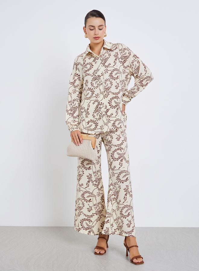 Styli Leaf Print Oversized Shirt and Flared Pants Co-Ords - Image 1