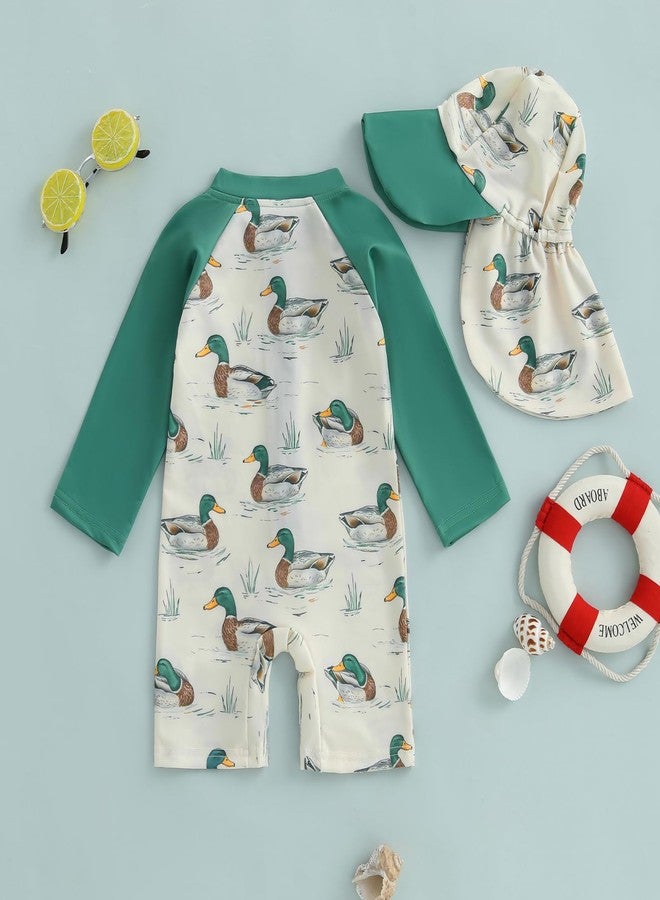 KMBANGI Toddler Baby Boy Mallard Swimsuit Kids Rash Guard Long Sleeve One Piece Bathing Suit Duck Hunting Swimwear with Hat (Green, 6-12 Months) - Image 4