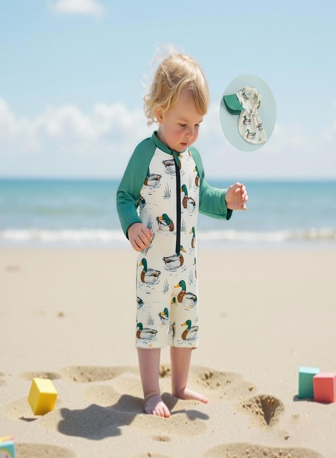 KMBANGI Toddler Baby Boy Mallard Swimsuit Kids Rash Guard Long Sleeve One Piece Bathing Suit Duck Hunting Swimwear with Hat (Green, 6-12 Months) - Image 2
