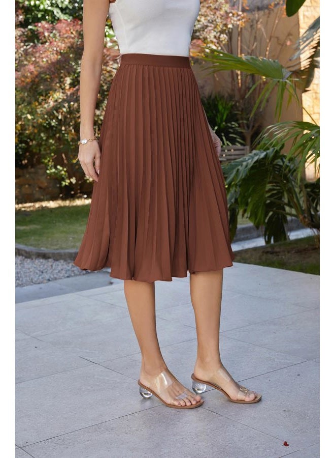 GRACE KARIN Women High Elastic Waist Pleated Chiffon Skirt Midi Swing A-line Skirts, Caramel, M - Image 3
