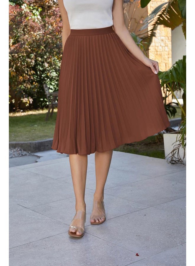 GRACE KARIN Women High Elastic Waist Pleated Chiffon Skirt Midi Swing A-line Skirts, Caramel, M - Image 2