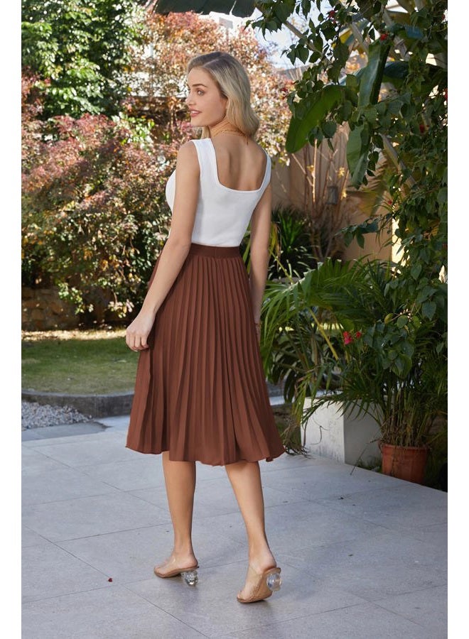 GRACE KARIN Women High Elastic Waist Pleated Chiffon Skirt Midi Swing A-line Skirts, Caramel, M - Image 4