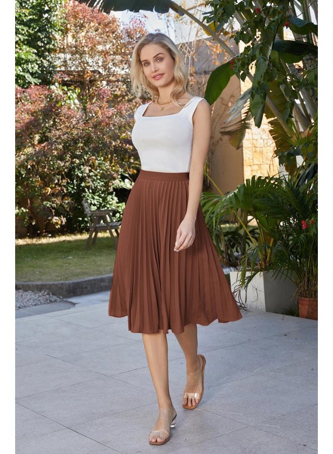 GRACE KARIN Women High Elastic Waist Pleated Chiffon Skirt Midi Swing A-line Skirts, Caramel, M - Image 5