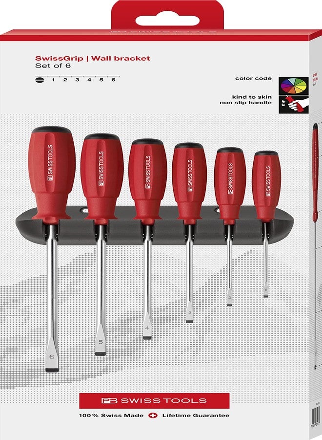 PB Swiss Tools Slotted Screwdriver Set PB 8240 | 100% Swiss Made | 6-Piece SwissGrip Screwdriver Set Size 1/2/3/4/5/6 Including Practical Wall Mount - Image 2