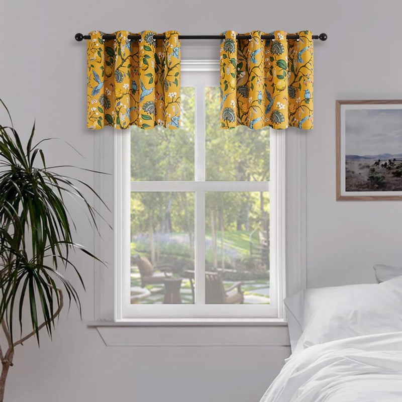 Topfinel Mustard Yellow Kitchen Tier Curtains 36 Inches Long Dark Yellow Botanical Floral Hummingbird Grommet Room Darkening Half Window Drapes  for Rv Cafe Basement Bathroom Dinning Room  2 Panels - Image 1
