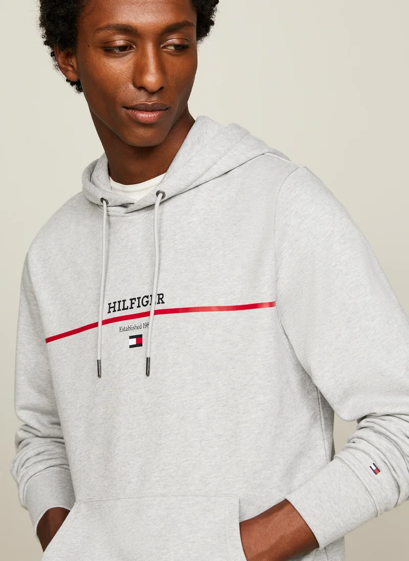 TOMMY HILFIGER Logo Striped Terry Drawstring Hoodie