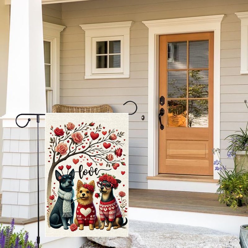 RMXJKIIU Happy Valentine's Rose Wreath Dog Garden Flags 12x18 Inch Burlap Double Sided, Love Heart Valentines Anniversary Yard Outdoor Lawn Flag Decor - Image 2