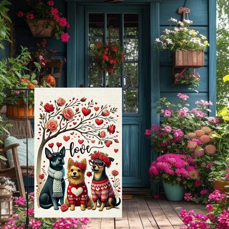 RMXJKIIU Happy Valentine's Rose Wreath Dog Garden Flags 12x18 Inch Burlap Double Sided, Love Heart Valentines Anniversary Yard Outdoor Lawn Flag Decor - Image 5