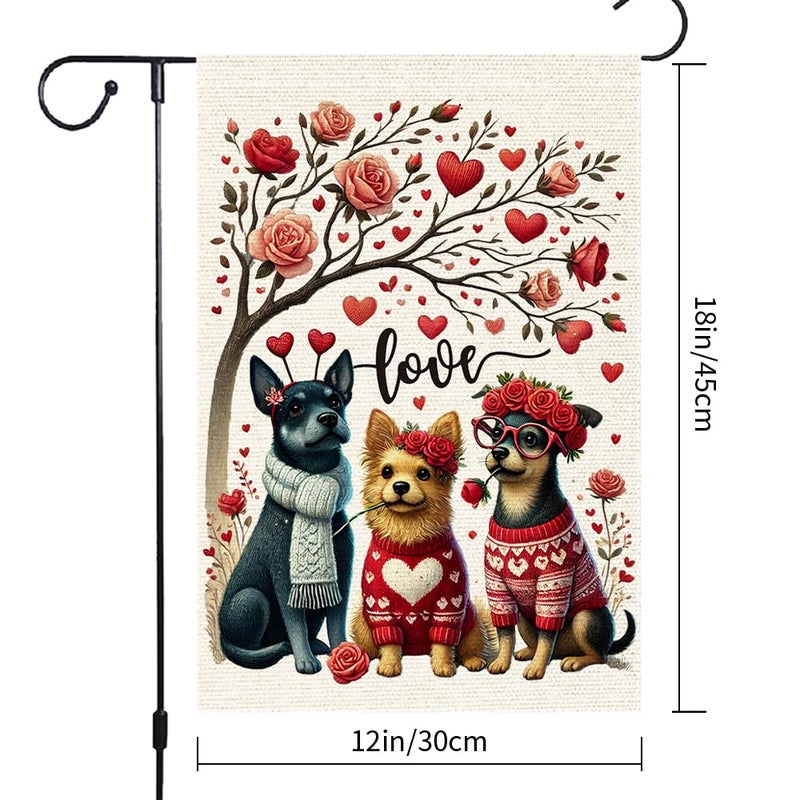 RMXJKIIU Happy Valentine's Rose Wreath Dog Garden Flags 12x18 Inch Burlap Double Sided, Love Heart Valentines Anniversary Yard Outdoor Lawn Flag Decor - Image 3