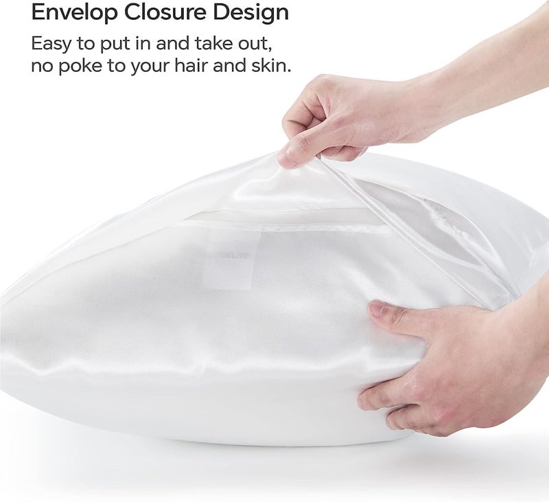 ماهمير وسادة ماهمير® من الساتان الحريري للشعر والبشرة مقاس كوين - وسادة حريرية بيضاء، عبوة من قطعتين 75 × 50 سم (30 × 20 بوصة) - مجموعة وسائد ساتان من قطعتين مع إغلاق مغلف (قطعتان أبيض) - Image 2