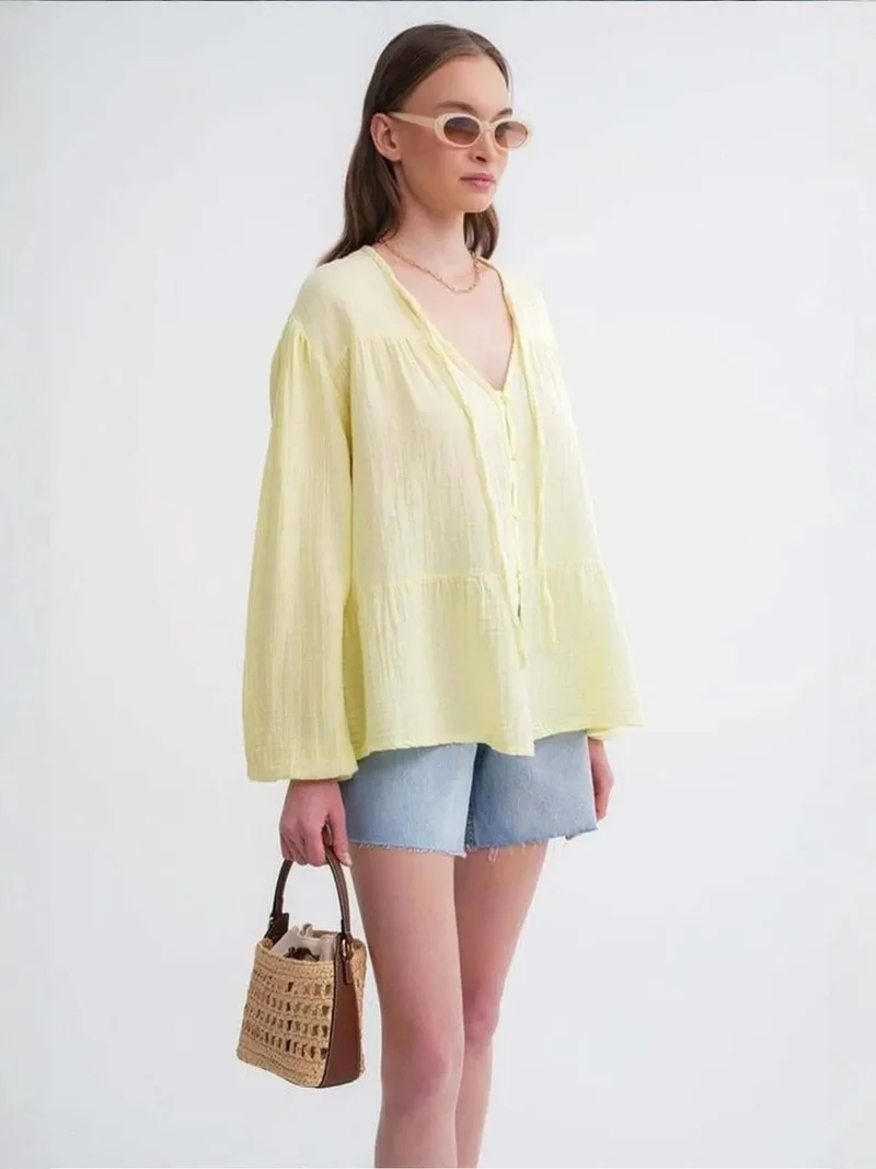 MixRay Amber Yellow Mixray Long Sleeve Relaxed Fit Blouse with Tie-Neck for Women | Best Price UAE