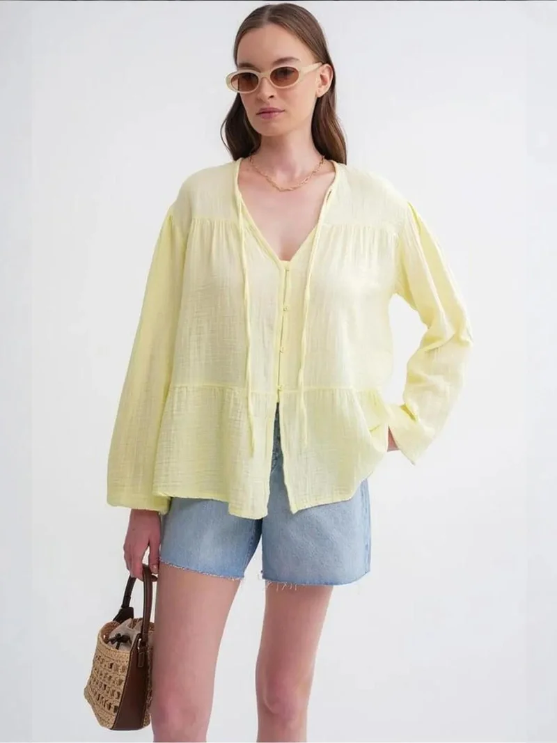 MixRay Amber Yellow Mixray Long Sleeve Relaxed Fit Blouse with Tie-Neck for Women | Best Price UAE