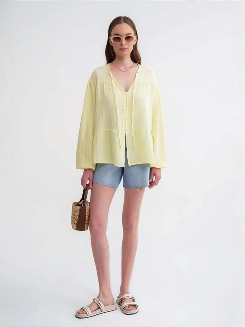 Mixray Long Sleeve Relaxed Fit Blouse with Tie-Neck