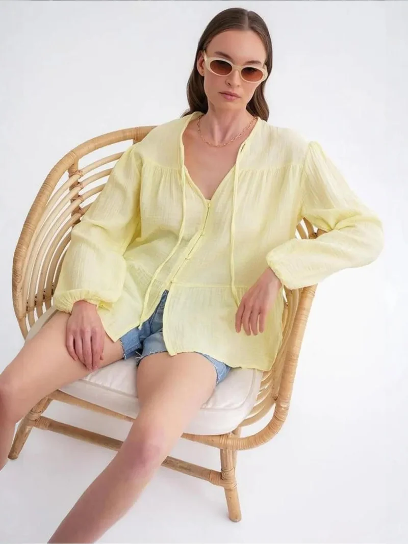 MixRay Amber Yellow Mixray Long Sleeve Relaxed Fit Blouse with Tie-Neck for Women | Best Price UAE