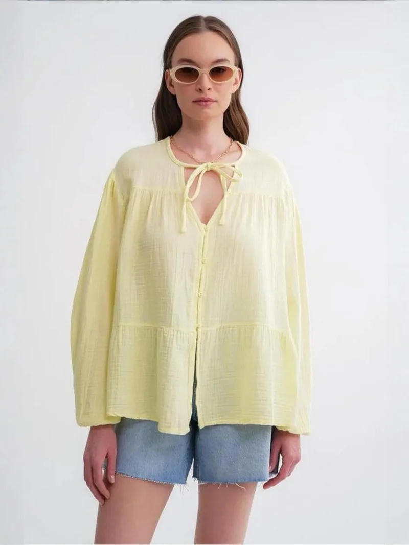 MixRay Amber Yellow Mixray Long Sleeve Relaxed Fit Blouse with Tie-Neck for Women | Best Price UAE