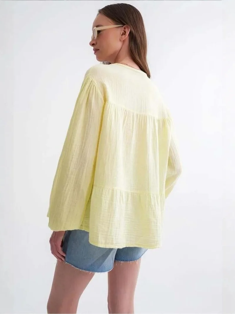 MixRay Amber Yellow Mixray Long Sleeve Relaxed Fit Blouse with Tie-Neck for Women | Best Price UAE
