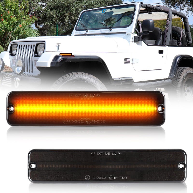 2PCS LED Side Marker Light for 19871995 Jeep Wrangler YJ Smoked Lens Amber Front Bumper Sidemarker Fender Turn Signal Reflector Lamp Replace OEM 56001424