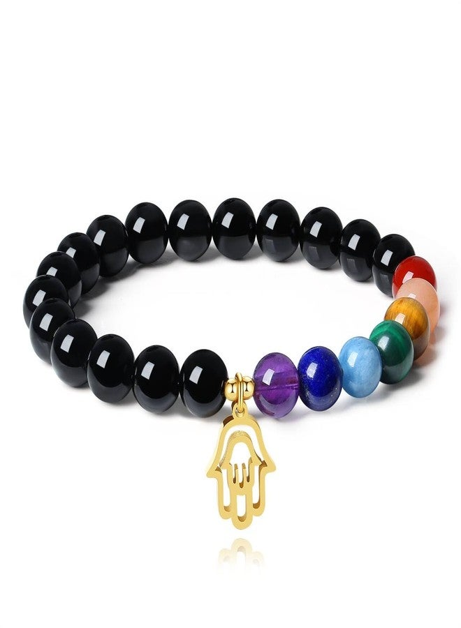 COAI 7 Chakra Hamsa Hand Bracelet Black Tourmaline Unisex Adult 5.75-6.5" Elastic Strand Beaded Bracelet - Image 1