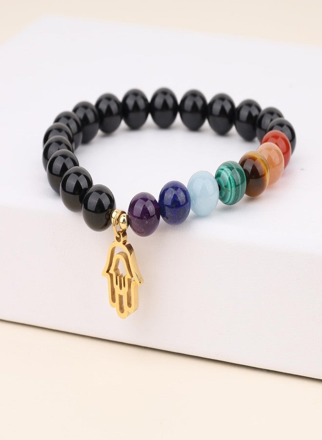 COAI 7 Chakra Hamsa Hand Bracelet Black Tourmaline Unisex Adult 5.75-6.5" Elastic Strand Beaded Bracelet - Image 4