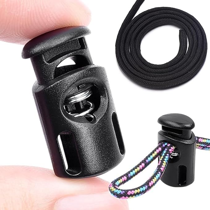 DHARMATMAJ DHARMATMAJ 12 Pcs Plastic Spring Cord Locks 5 Meter Cord Drawstring Toggle Stopper Clasp Elastic Shoelaces Clothing Backpack Bags Black