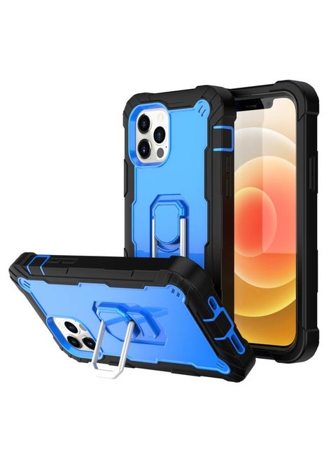 Case Cover For iPhone 12 mini PC + Rubber 3-layers Shockproof Protective Case with Rotating Holder  Black + Blue