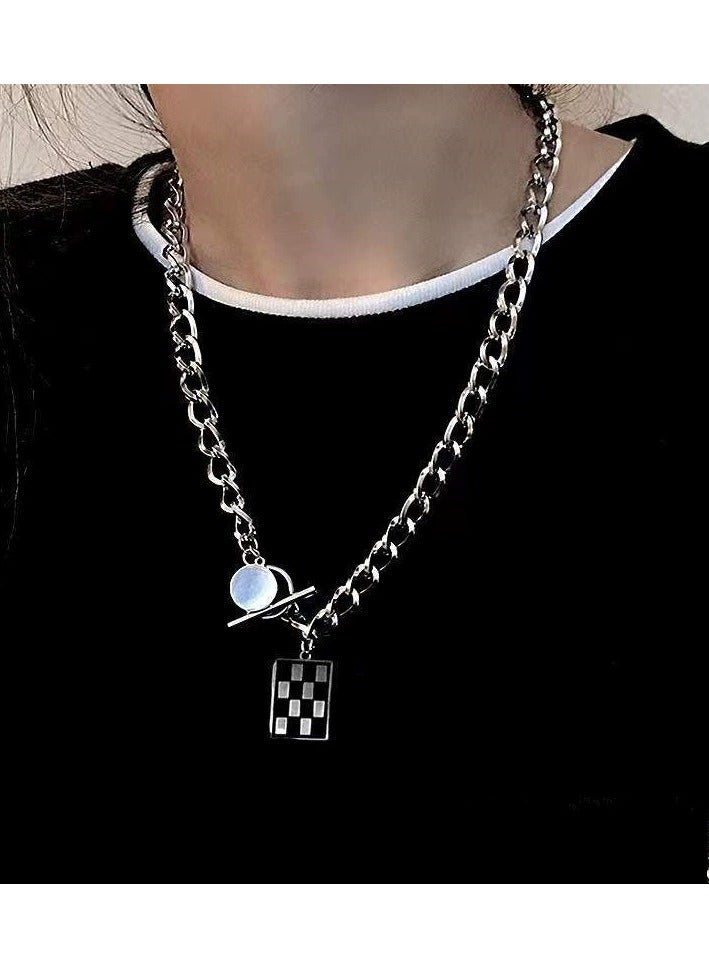 Goolsky Checkerboard Square Pendant Necklace – Unisex Streetwear Chain, Y2K Hip-Hop Style, Cool-Tone Sweatshirt Layering Jewelry  - Image 1