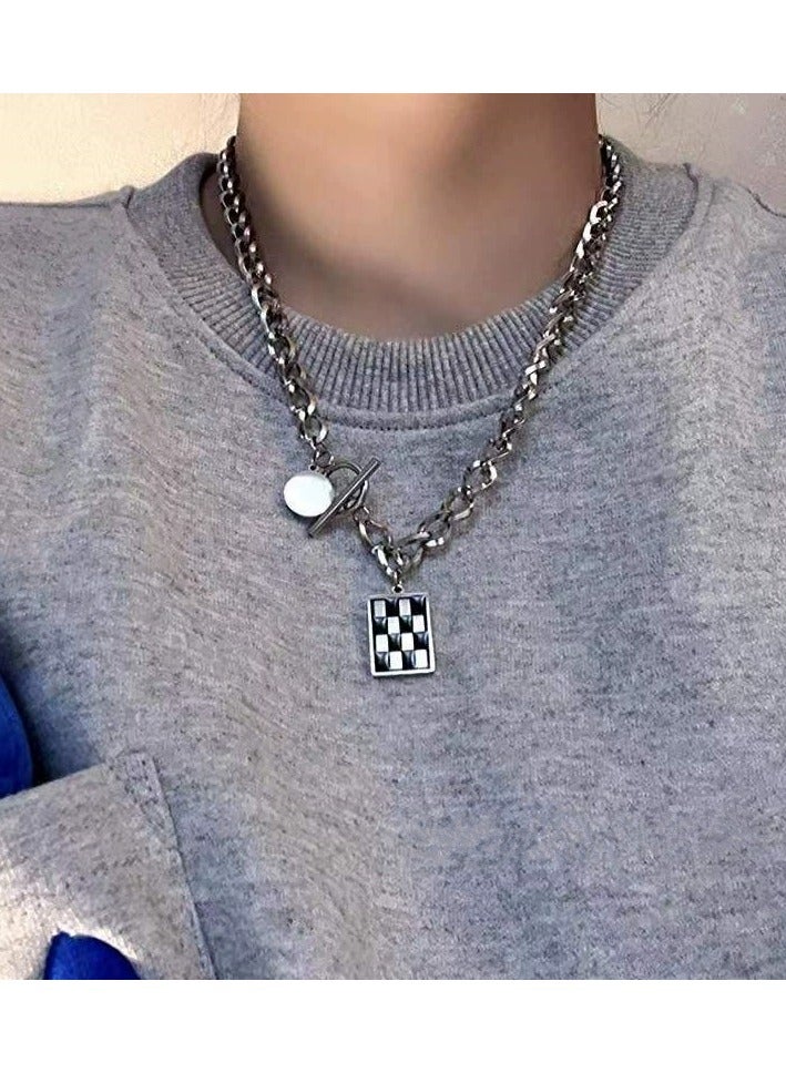 Goolsky Checkerboard Square Pendant Necklace – Unisex Streetwear Chain, Y2K Hip-Hop Style, Cool-Tone Sweatshirt Layering Jewelry  - Image 2