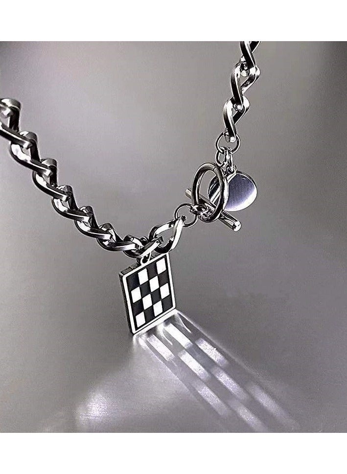 Goolsky Checkerboard Square Pendant Necklace – Unisex Streetwear Chain, Y2K Hip-Hop Style, Cool-Tone Sweatshirt Layering Jewelry  - Image 3