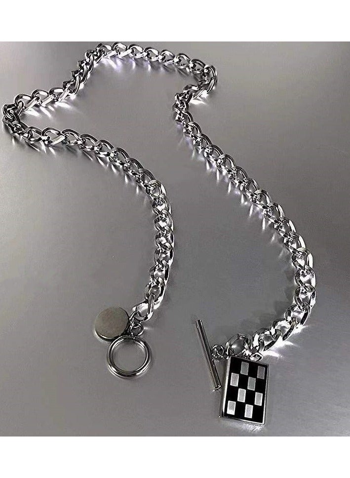 Goolsky Checkerboard Square Pendant Necklace – Unisex Streetwear Chain, Y2K Hip-Hop Style, Cool-Tone Sweatshirt Layering Jewelry  - Image 4