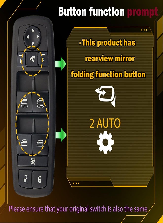 ZAPOSTS ZAPSOTS Master Power Window Switch for 2012-2015 Chrysler Town & Country,2012-2015 Dodge Grand Caravan,2013-2015 Dodge Ram 1500 2500 Front Left Driver Side Control switches.68110867AB(Green Light) - Image 3