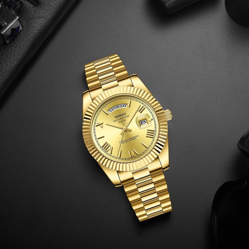 NIBOSI Men's Analog Quartz Watch - Gold Stainless Steel, Day & Date Display, Waterproof - Image 4