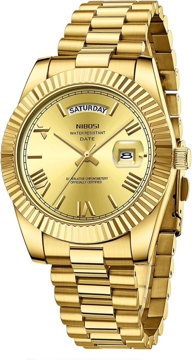 NIBOSI Men's Analog Quartz Watch - Gold Stainless Steel, Day & Date Display, Waterproof - Image 1
