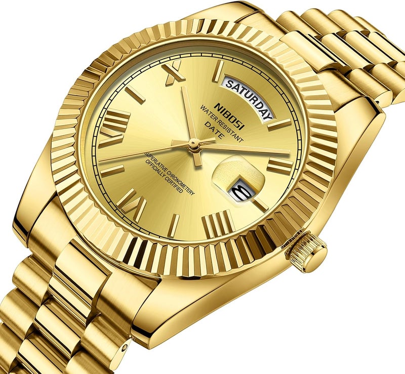 NIBOSI Men's Analog Quartz Watch - Gold Stainless Steel, Day & Date Display, Waterproof - Image 2
