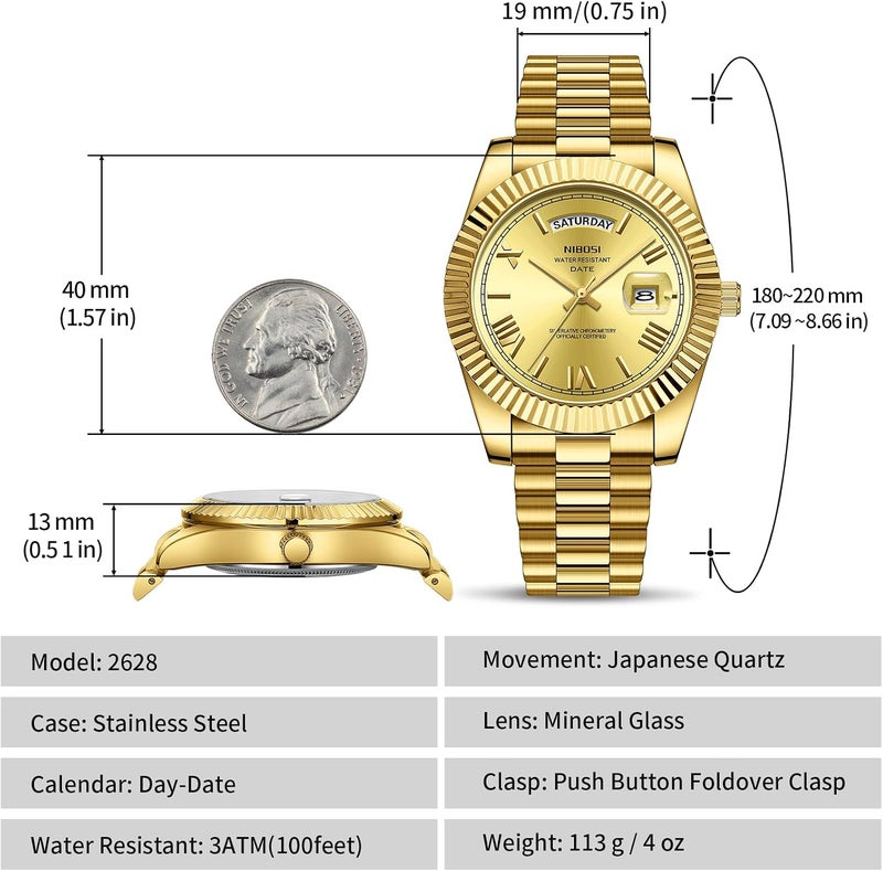NIBOSI Men's Analog Quartz Watch - Gold Stainless Steel, Day & Date Display, Waterproof - Image 3