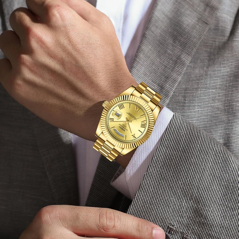 NIBOSI Men's Analog Quartz Watch - Gold Stainless Steel, Day & Date Display, Waterproof - Image 5
