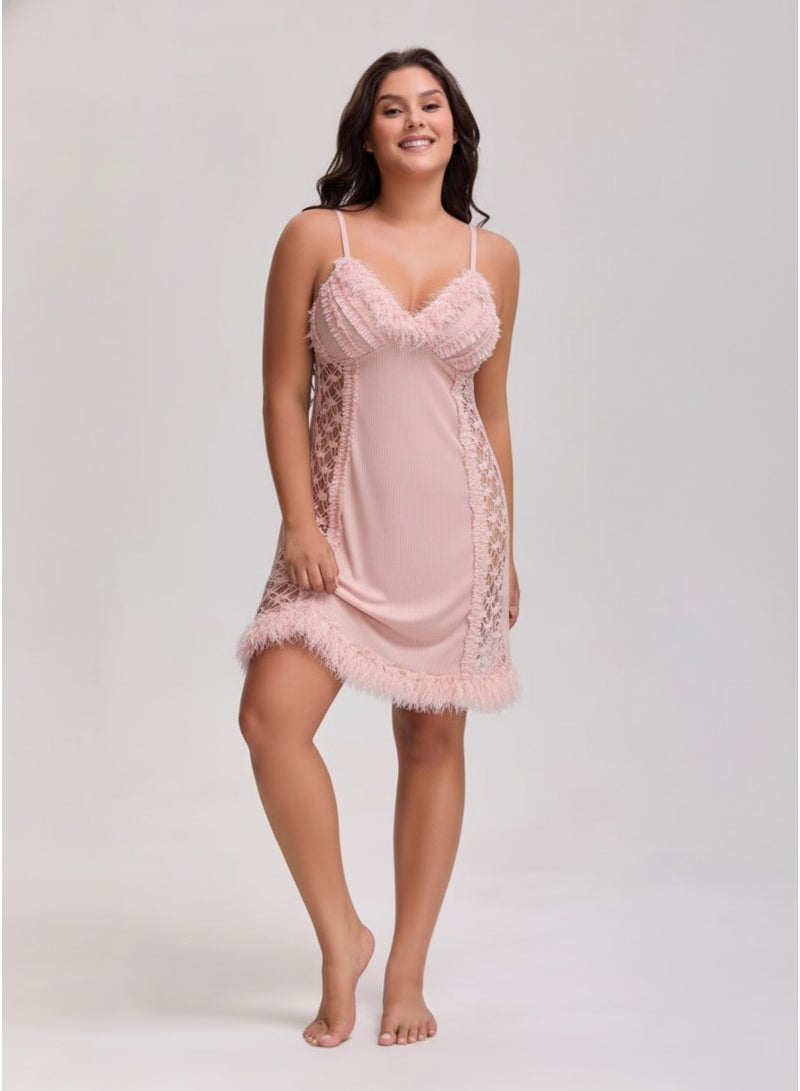 ترايو فستان نوم فاخر مضلع من فيورا باي ترايو مع حافة من الفرو - Image 3