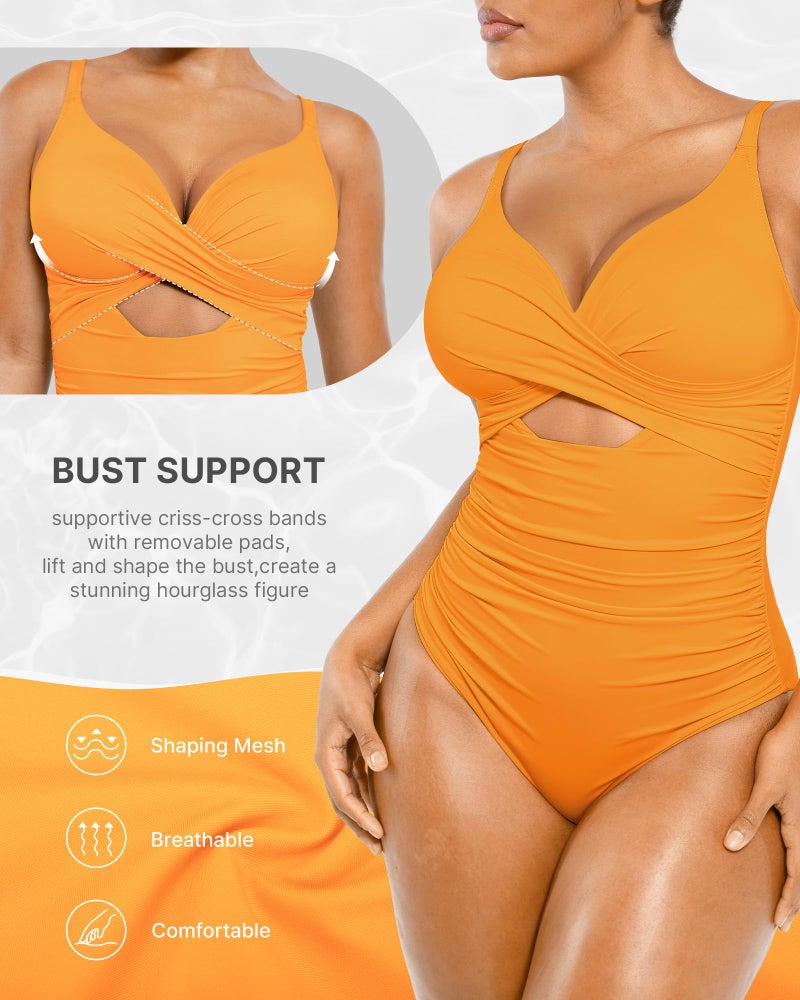 SHAPELLX Smart Sculpt Shapewear Swimsuits Women Orange Tummy Control Swimsuit Bathing Suit Women Ruched Swimwear - Image 3
