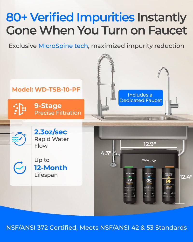 Waterdrop TSB-10-PF Under Sink Water Filter, ð‘ðžðð®ðœðžð¬ ðŸ–ðŸŽ+ ðˆð¦ð©ð®ð«ð¢ð­ð¢ðžð¬-PFAS, Chlorine, Chloramine, Fluoride, Taste&Odor, 9 Layer Under Sink Water Filtration System,with A Extra Faucet - Image 2