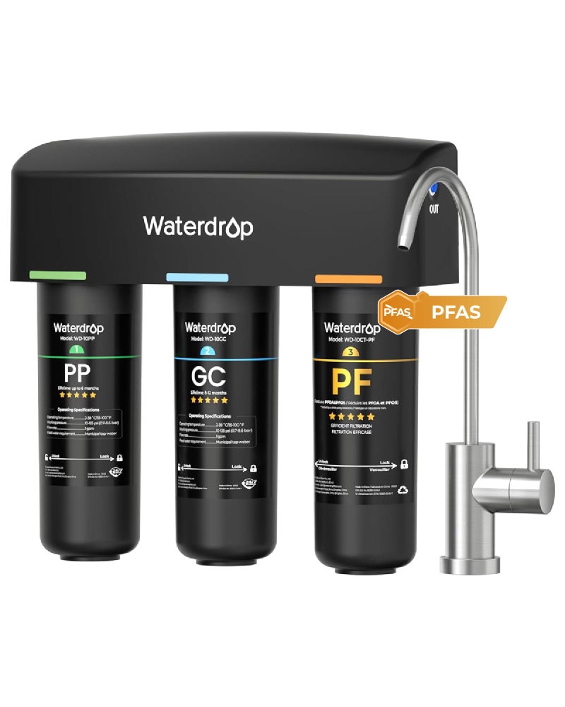 Waterdrop TSB-10-PF Under Sink Water Filter, ð‘ðžðð®ðœðžð¬ ðŸ–ðŸŽ+ ðˆð¦ð©ð®ð«ð¢ð­ð¢ðžð¬-PFAS, Chlorine, Chloramine, Fluoride, Taste&Odor, 9 Layer Under Sink Water Filtration System,with A Extra Faucet - Image 1