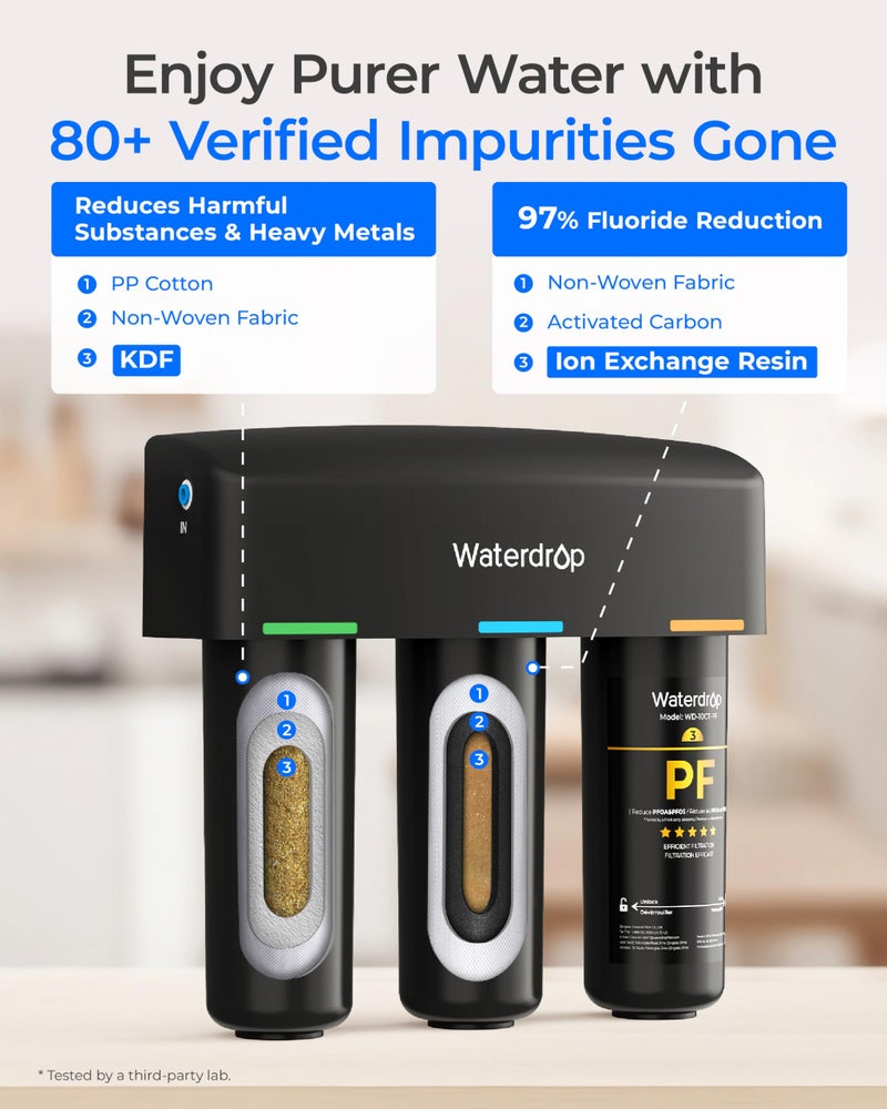 Waterdrop TSB-10-PF Under Sink Water Filter, ð‘ðžðð®ðœðžð¬ ðŸ–ðŸŽ+ ðˆð¦ð©ð®ð«ð¢ð­ð¢ðžð¬-PFAS, Chlorine, Chloramine, Fluoride, Taste&Odor, 9 Layer Under Sink Water Filtration System,with A Extra Faucet - Image 5